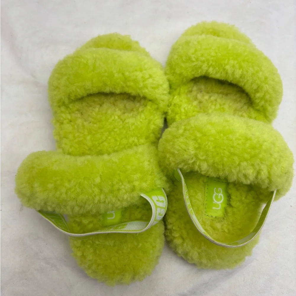 Ugg Kids Fuzzy Slide Sandals in Neon Lime - Plush Comfort